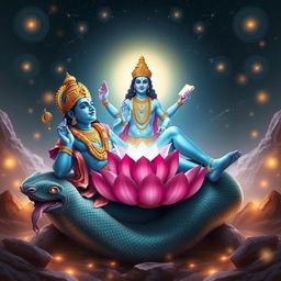 A beautiful scene illustrating Lord Brahma emerging from the navel of Lord Vishnu, who is depicted reclining on a cosmic serpent