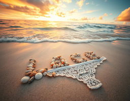 A close-up photo seen from above of the sea surf at a tropical beach destination during sunset