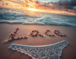 A close-up photo seen from above of the sea surf at a tropical beach destination during sunset