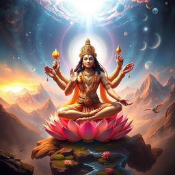 An awe-inspiring scene of Lord Brahma engaged in the act of creation, surrounded by swirling celestial energies and ethereal light