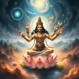 An awe-inspiring scene of Lord Brahma engaged in the act of creation, surrounded by swirling celestial energies and ethereal light