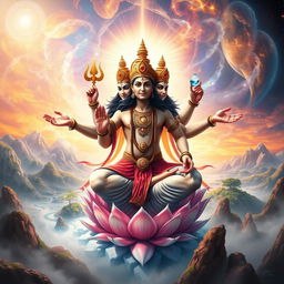 An awe-inspiring scene of Lord Brahma engaged in the act of creation, surrounded by swirling celestial energies and ethereal light