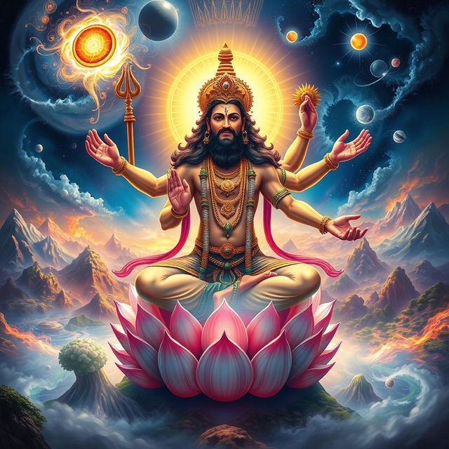 An awe-inspiring scene of Lord Brahma engaged in the act of creation, surrounded by swirling celestial energies and ethereal light