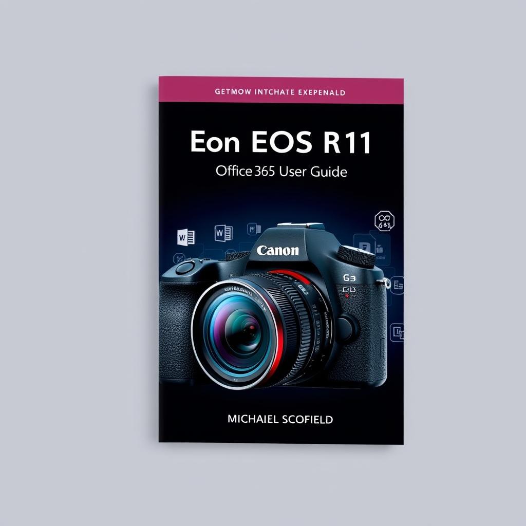 A visually appealing book cover design for 'Canon EOS R1 User Guide' by Michael Scofield, combining elements of photography and technology