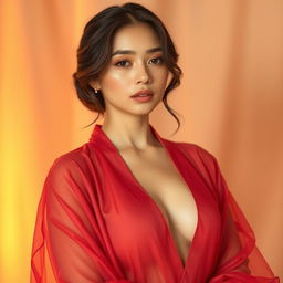 A beautiful woman wearing a transparent reddish robe that drapes elegantly around her