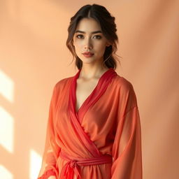 A beautiful woman wearing a transparent reddish robe that drapes elegantly around her