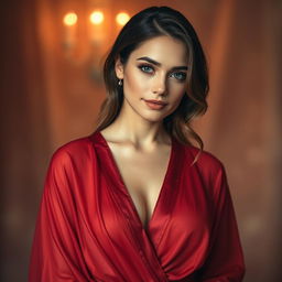 A beautiful woman wearing a transparent reddish robe that drapes elegantly around her