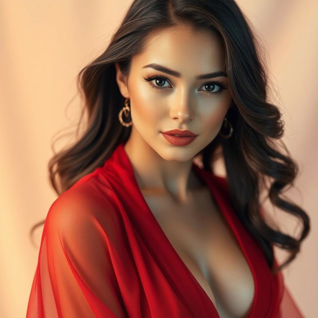 A beautiful woman wearing a transparent reddish robe that drapes elegantly around her