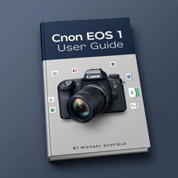An engaging book cover design for 'Canon EOS R1 User Guide' by Michael Scofield, designed to attract both photography enthusiasts and business professionals