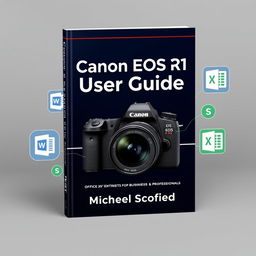 An engaging book cover design for 'Canon EOS R1 User Guide' by Michael Scofield, designed to attract both photography enthusiasts and business professionals