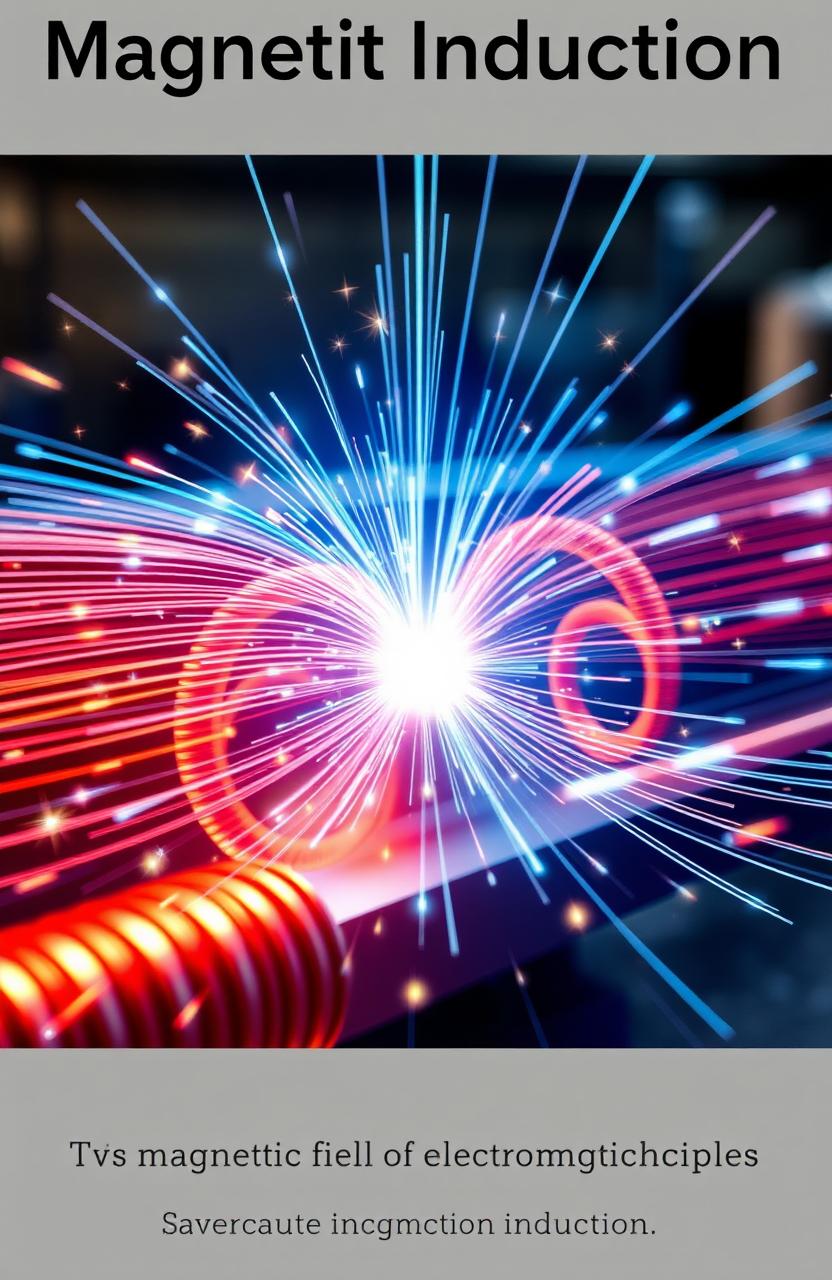 An artistic representation showcasing magnetic induction, featuring detailed illustrations of magnetic field lines, coils, and induction principles