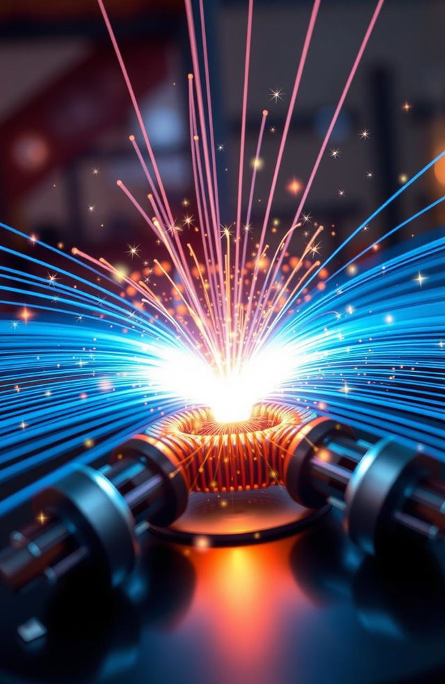 An artistic representation showcasing magnetic induction, featuring detailed illustrations of magnetic field lines, coils, and induction principles