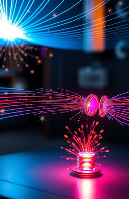 An artistic representation showcasing magnetic induction, featuring detailed illustrations of magnetic field lines, coils, and induction principles