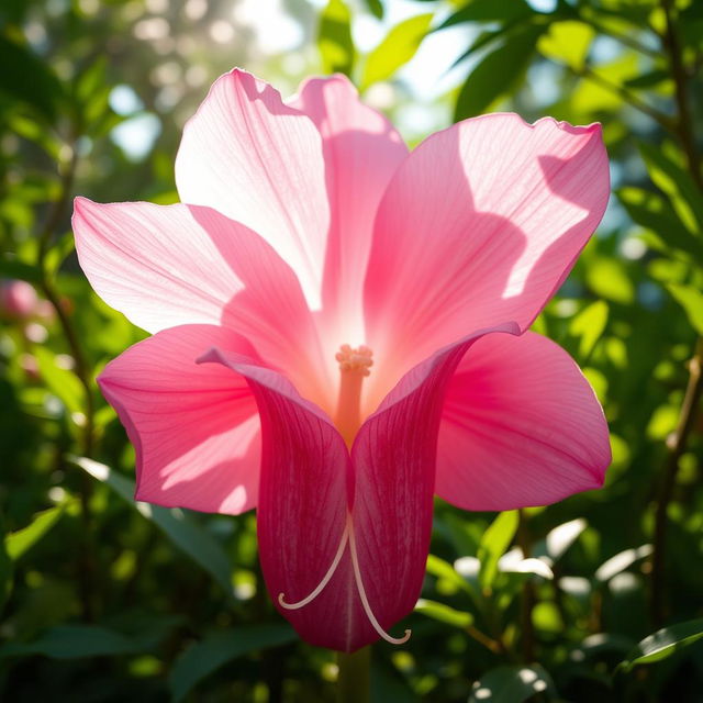 A vibrant and artistic representation of a pink flower, resembling a vagina, blooming in a serene garden setting