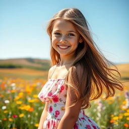 A beautiful girl with long, flowing hair, wearing a stunning summer dress with floral patterns