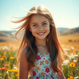 A beautiful girl with long, flowing hair, wearing a stunning summer dress with floral patterns