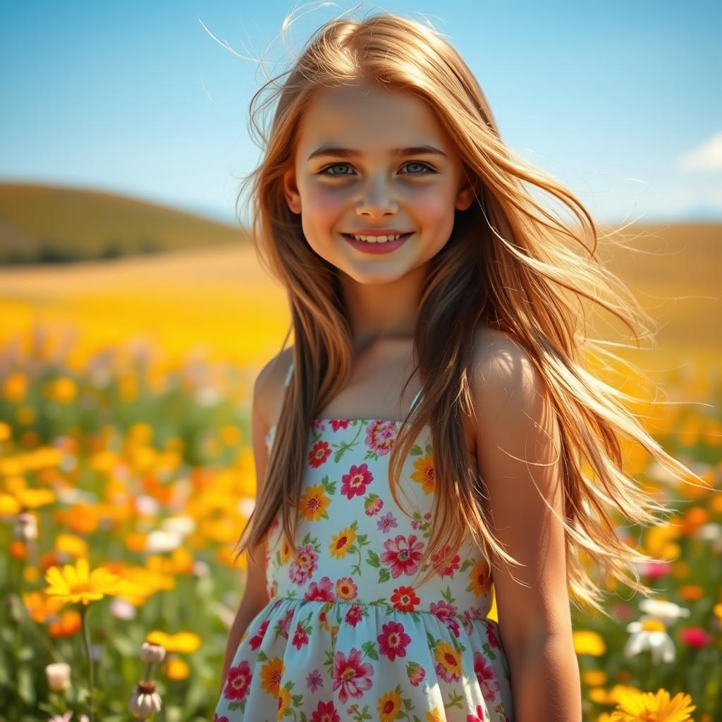 A beautiful girl with long, flowing hair, wearing a stunning summer dress with floral patterns