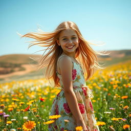 A beautiful girl with long, flowing hair, wearing a stunning summer dress with floral patterns