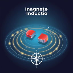 An engaging illustration depicting the concept of magnetic induction, featuring a strong magnet surrounded by a field of magnetic lines represented by glowing curves radiating outward