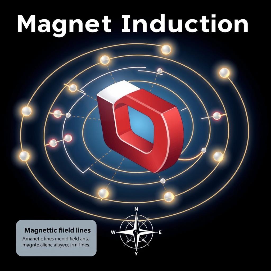 An engaging illustration depicting the concept of magnetic induction, featuring a strong magnet surrounded by a field of magnetic lines represented by glowing curves radiating outward