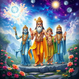 An enchanting scene featuring the Sanatkumaras, the four divine brothers known for their spiritual wisdom and youthful appearance