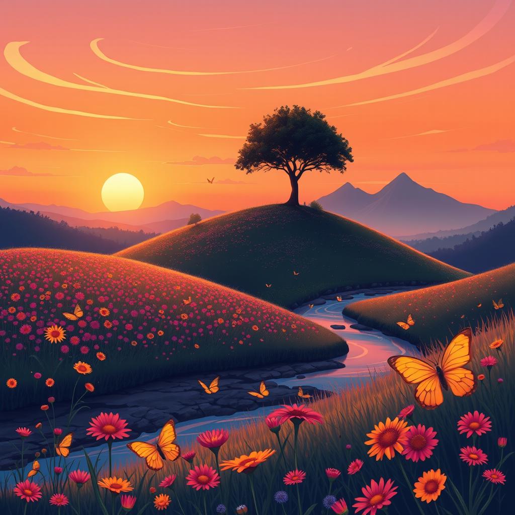 An illustrative scene depicting a serene landscape during sunset, featuring rolling hills covered in vibrant wildflowers in full bloom, gentle streams reflecting the orange and pink hues of the sky, and a solitary tree standing majestically on a hilltop
