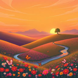 An illustrative scene depicting a serene landscape during sunset, featuring rolling hills covered in vibrant wildflowers in full bloom, gentle streams reflecting the orange and pink hues of the sky, and a solitary tree standing majestically on a hilltop