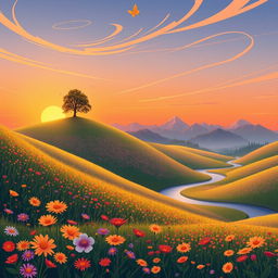 An illustrative scene depicting a serene landscape during sunset, featuring rolling hills covered in vibrant wildflowers in full bloom, gentle streams reflecting the orange and pink hues of the sky, and a solitary tree standing majestically on a hilltop