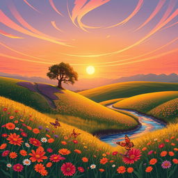 An illustrative scene depicting a serene landscape during sunset, featuring rolling hills covered in vibrant wildflowers in full bloom, gentle streams reflecting the orange and pink hues of the sky, and a solitary tree standing majestically on a hilltop