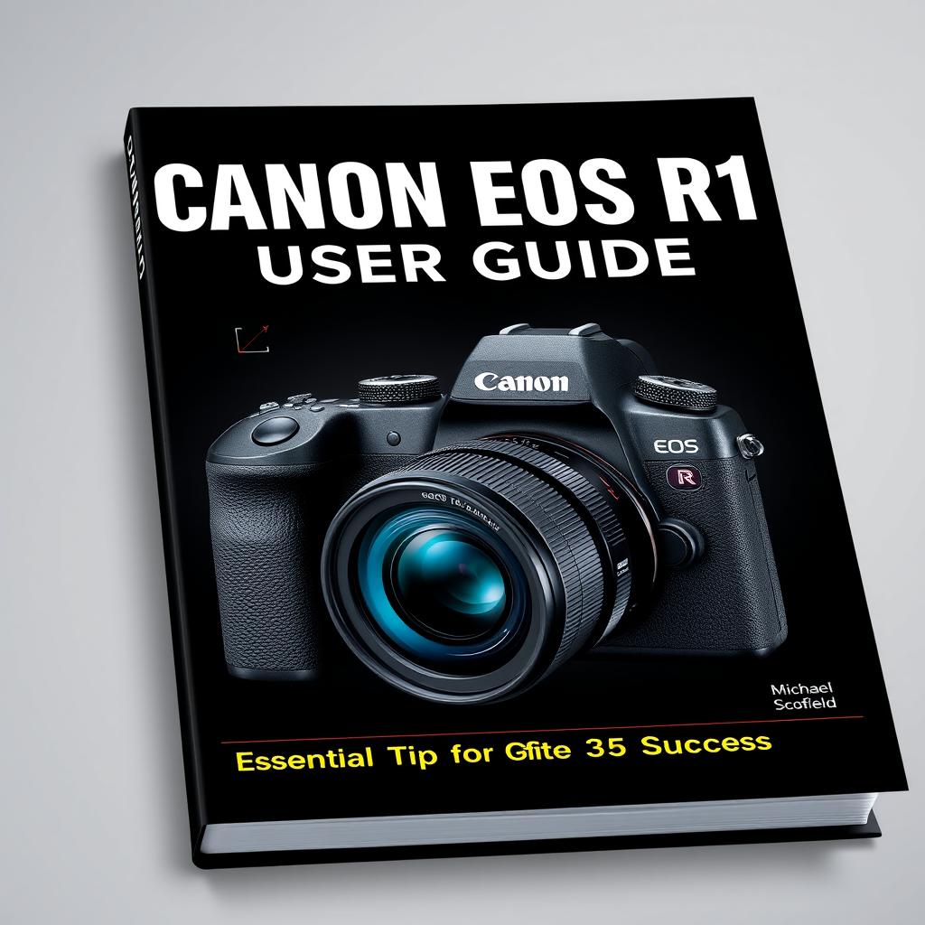 A striking and informative book cover for 'CANON EOS R1 USER GUIDE' by Michael Scofield