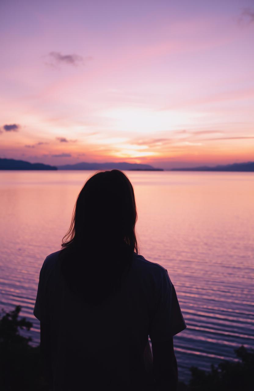A young man with long hair viewed from the back, gazing at the serene Lake Chapala