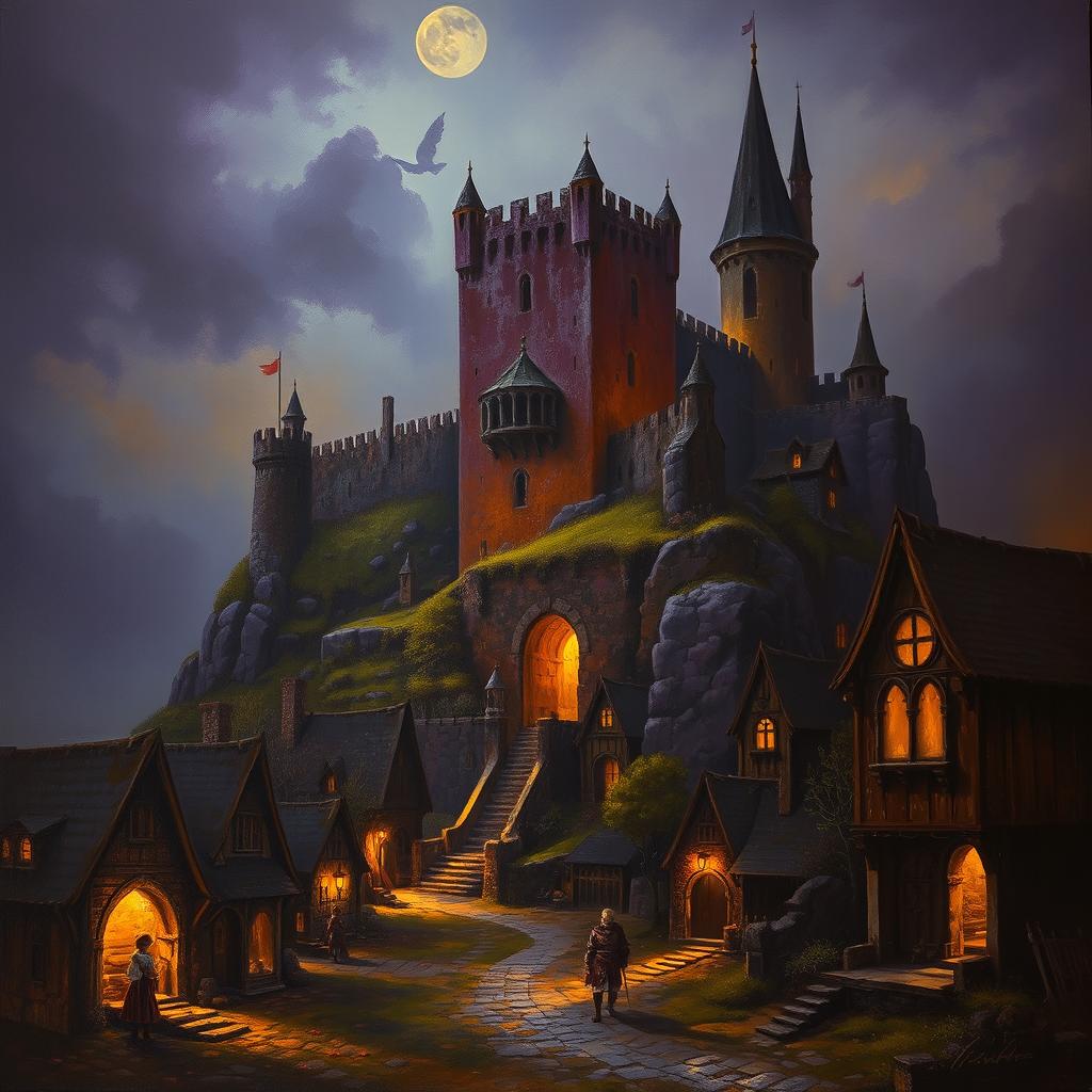 An enchanting depiction of an ancient castle set in a mystical atmosphere, surrounded by a quaint old village