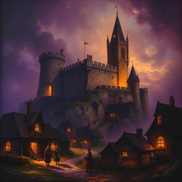 An enchanting depiction of an ancient castle set in a mystical atmosphere, surrounded by a quaint old village