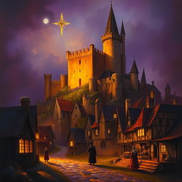 An enchanting depiction of an ancient castle set in a mystical atmosphere, surrounded by a quaint old village