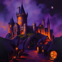An enchanting depiction of an ancient castle set in a mystical atmosphere, surrounded by a quaint old village