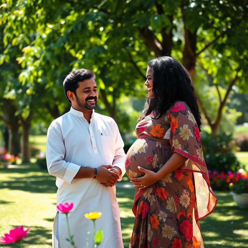 A Tamil man interacting warmly with a beautiful pregnant black woman in a sunny park