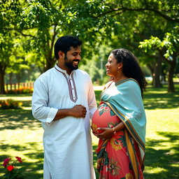 A Tamil man interacting warmly with a beautiful pregnant black woman in a sunny park