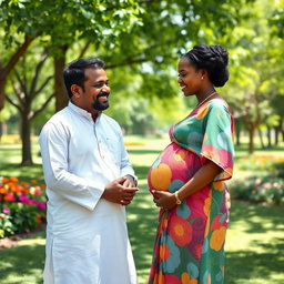 A Tamil man interacting warmly with a beautiful pregnant black woman in a sunny park