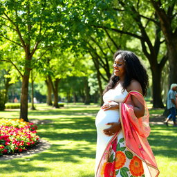 A Tamil man interacting warmly with a beautiful pregnant black woman in a sunny park