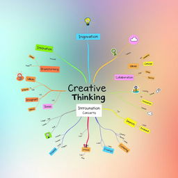 A creative and colorful mind map illustrating the concept of creative thinking, featuring various branches labeled with keywords such as 'Innovation', 'Imagination', 'Brainstorming', 'Ideas', and 'Collaboration'