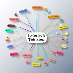 A creative and colorful mind map illustrating the concept of creative thinking, featuring various branches labeled with keywords such as 'Innovation', 'Imagination', 'Brainstorming', 'Ideas', and 'Collaboration'