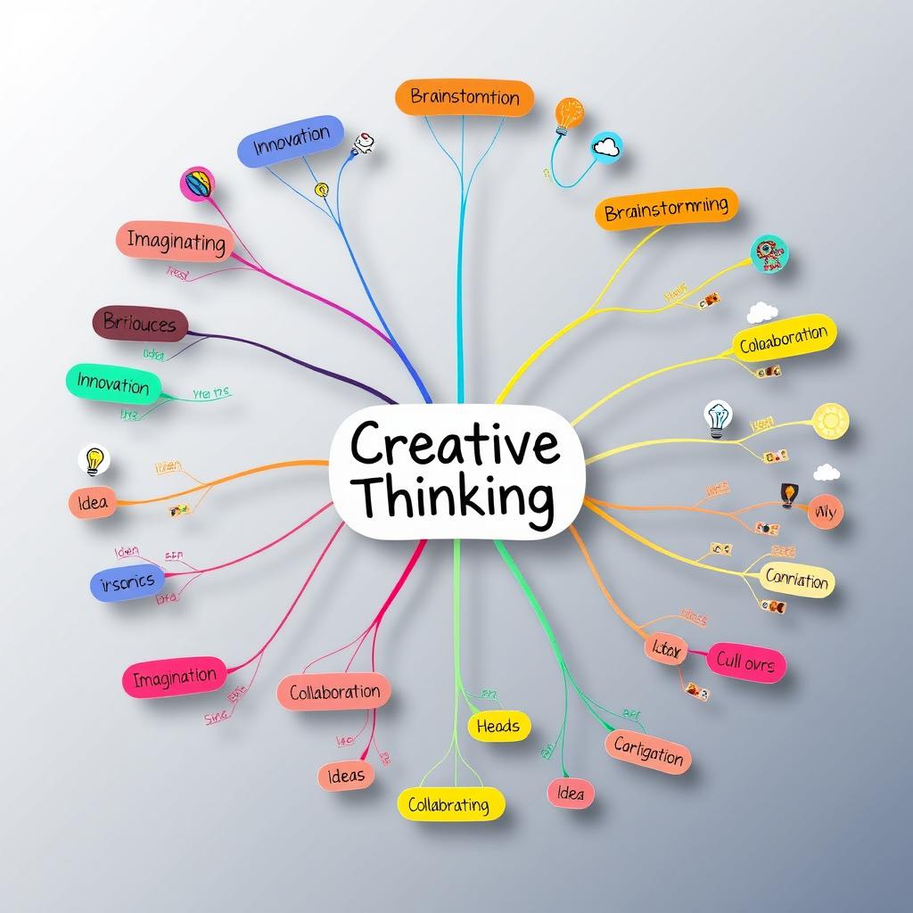 A creative and colorful mind map illustrating the concept of creative thinking, featuring various branches labeled with keywords such as 'Innovation', 'Imagination', 'Brainstorming', 'Ideas', and 'Collaboration'