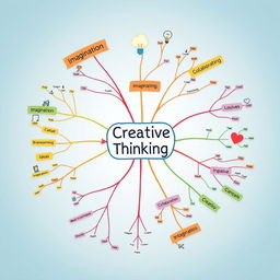A creative and colorful mind map illustrating the concept of creative thinking, featuring various branches labeled with keywords such as 'Innovation', 'Imagination', 'Brainstorming', 'Ideas', and 'Collaboration'
