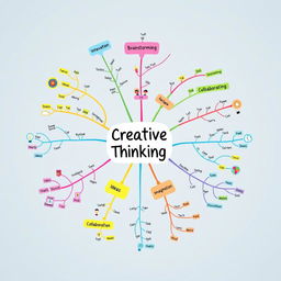 A creative and colorful mind map illustrating the concept of creative thinking, featuring various branches labeled with keywords such as 'Innovation', 'Imagination', 'Brainstorming', 'Ideas', and 'Collaboration'