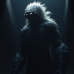 An imposing tall monster with pure black skin, towering in a dark, shadowy room