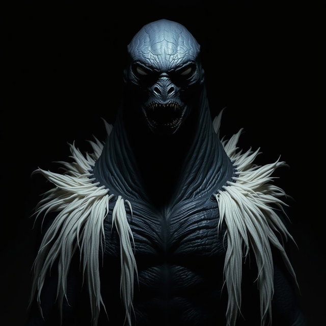 An imposing tall monster with pure black skin, towering in a dark, shadowy room