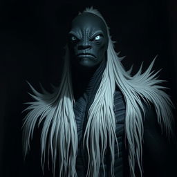 An imposing tall monster with pure black skin, towering in a dark, shadowy room