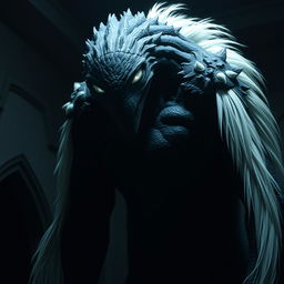 An imposing tall monster with pure black skin, towering in a dark, shadowy room
