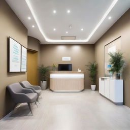 A spacious reception area for a dental clinic equipped with numerous comfortable chairs for waiting patients. The room has a large front desk, informative leaflets on side tables, pleasing wall art and a calming, professional vibe.