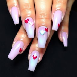 A beautiful design of nails featuring a stylish manicure with a glossy finish, showcasing a colorful palette of pastel shades